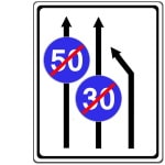 Verkehrszeichen 535: Einengungstafel mit Aufhebung Mindestgeschwindigkeit