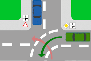 Abknickende Vorfahrtsstraße: Rechts vor Links gilt, wenn sich beide Teilnehmer auf der Hauptstraße befinden.