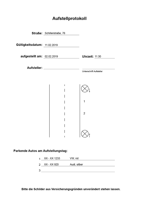 So könnte das Aufstellungsprotokoll für eine Halteverbotszone aussehen.