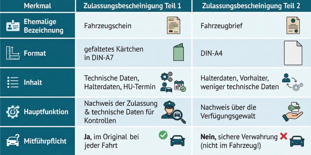 Infografik: Zulassungsbescheinigung Teil 1 und 2 im Vergleich