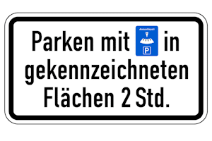VZ 1040-33 Parken mit Parkscheibe in gekennzeichneten Flächen zwei Stunden erlaubt 